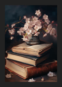 Olajfestményű cseresznyevirág-csokor vázában régi könyveken-5