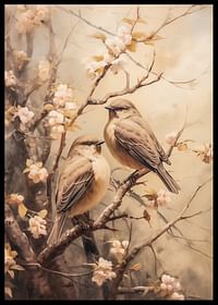 Une affiche avec deux oiseaux sur une branche fleurie dans une ambiance printanière de rêve-2