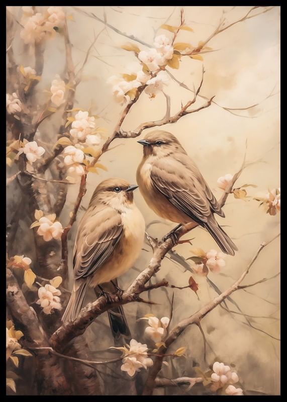 Une affiche avec deux oiseaux sur une branche fleurie dans une ambiance printanière de rêve-12