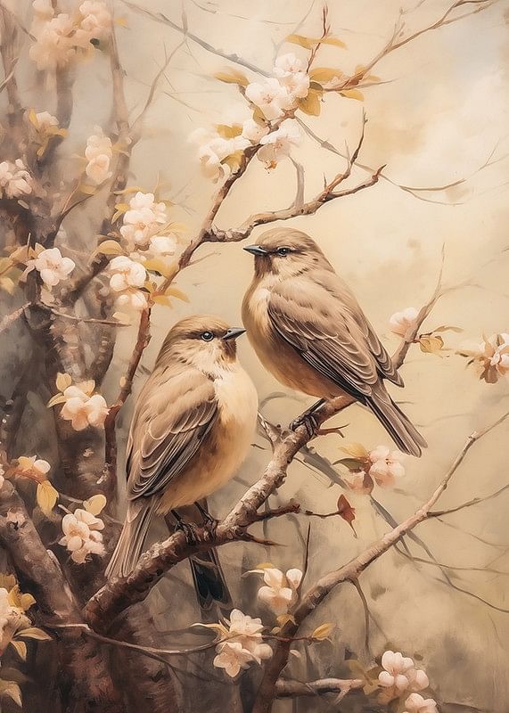 Une affiche avec deux oiseaux sur une branche fleurie dans une ambiance printanière de rêve-12