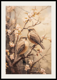 Crenguță de primăvară pictată în ulei cu două păsări mici și flori albe-2