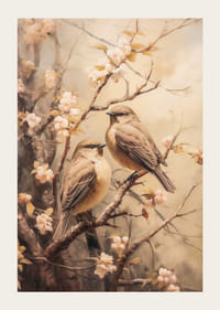 Crenguță de primăvară pictată în ulei cu două păsări mici și flori albe-3