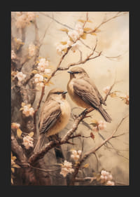 Crenguță de primăvară pictată în ulei cu două păsări mici și flori albe-5