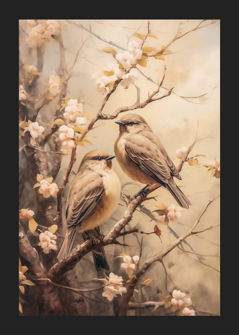 Crenguță de primăvară pictată în ulei cu două păsări mici și flori albe-12
