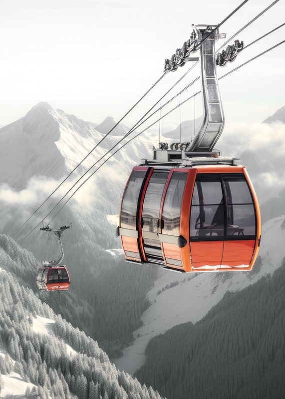 Photographic gondola lift over snow-capped alpine mountain peaks-12