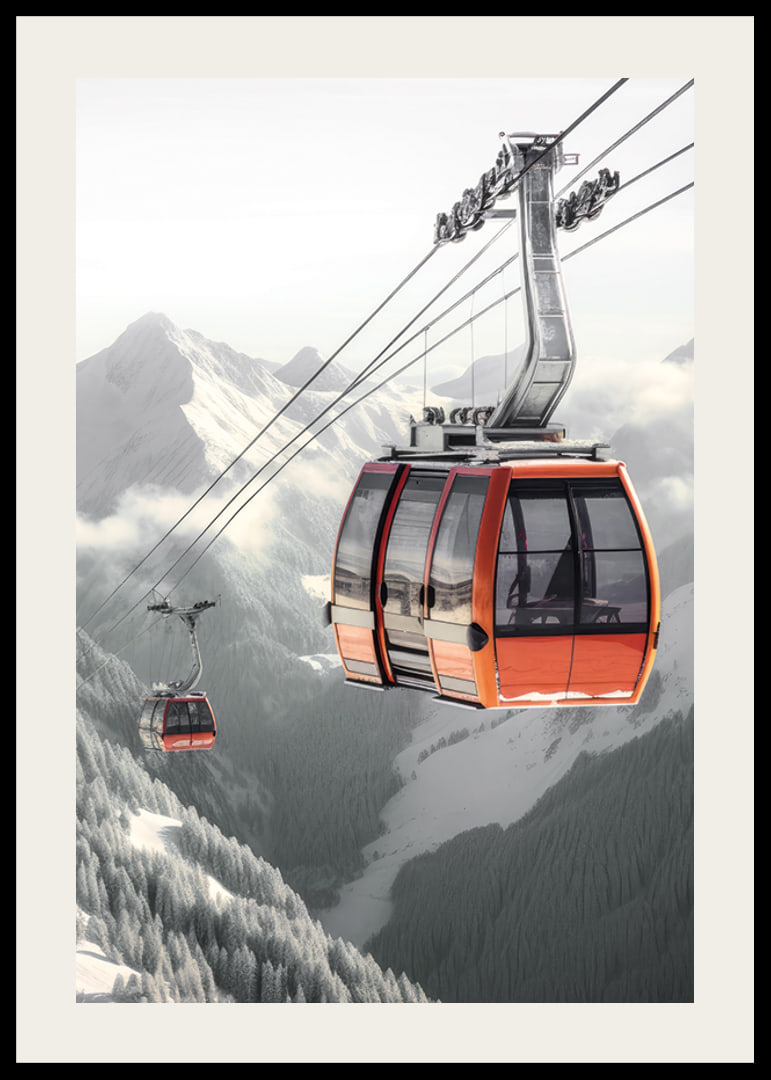 Photographic gondola lift over snow-capped alpine mountain peaks-12