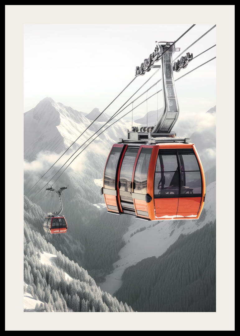 Photographic gondola lift over snow-capped alpine mountain peaks-12