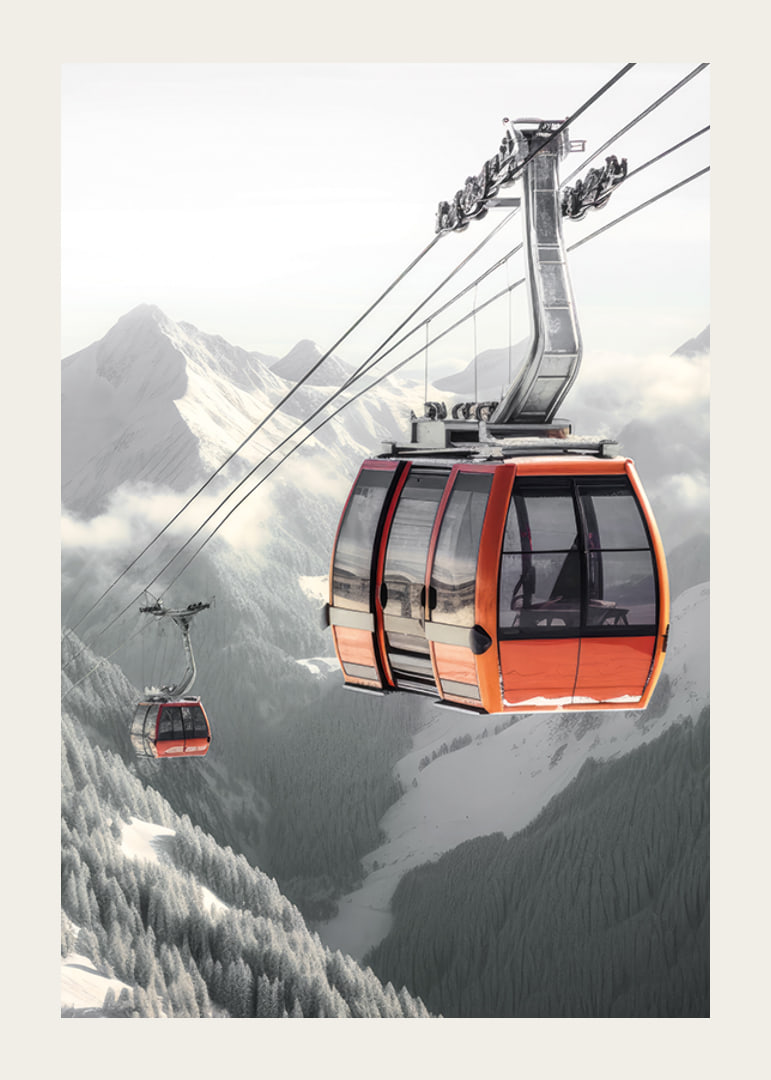 Photographic gondola lift over snow-capped alpine mountain peaks-12