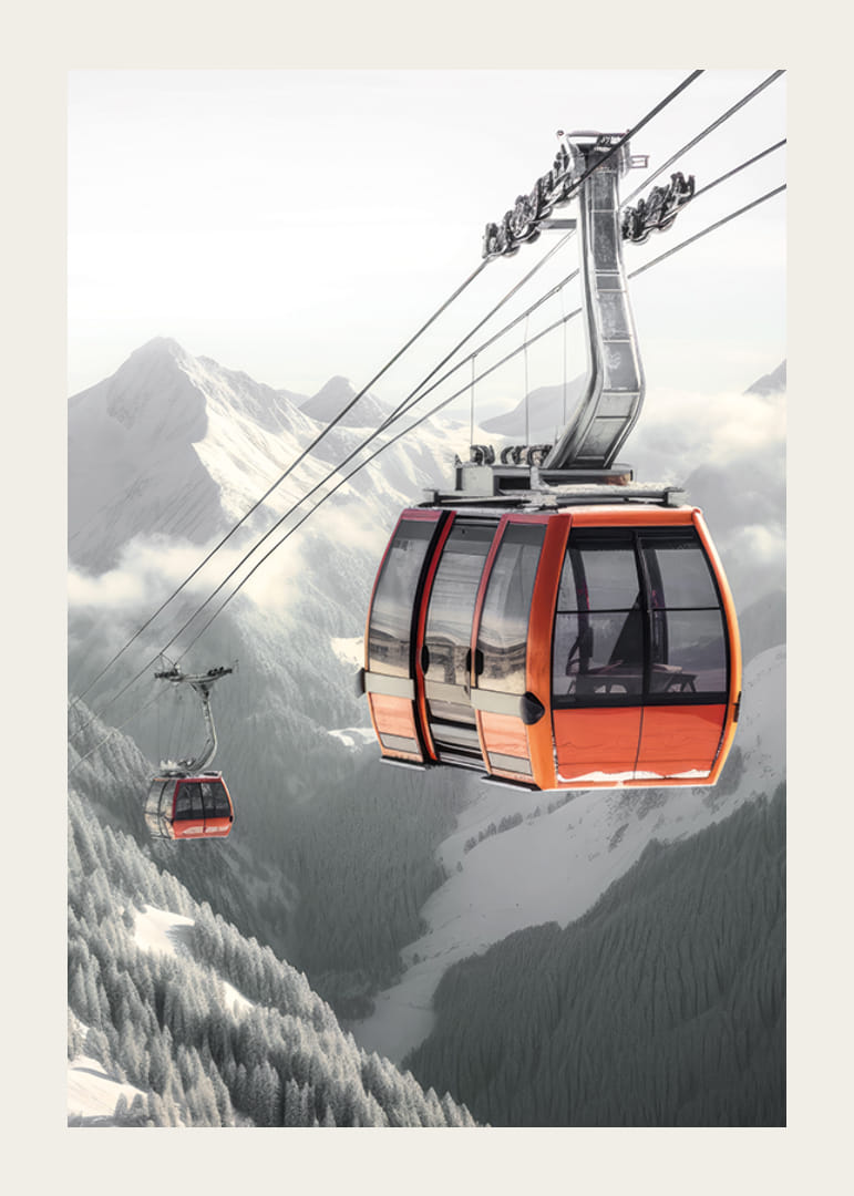 Photographic gondola lift over snow-capped alpine mountain peaks-12