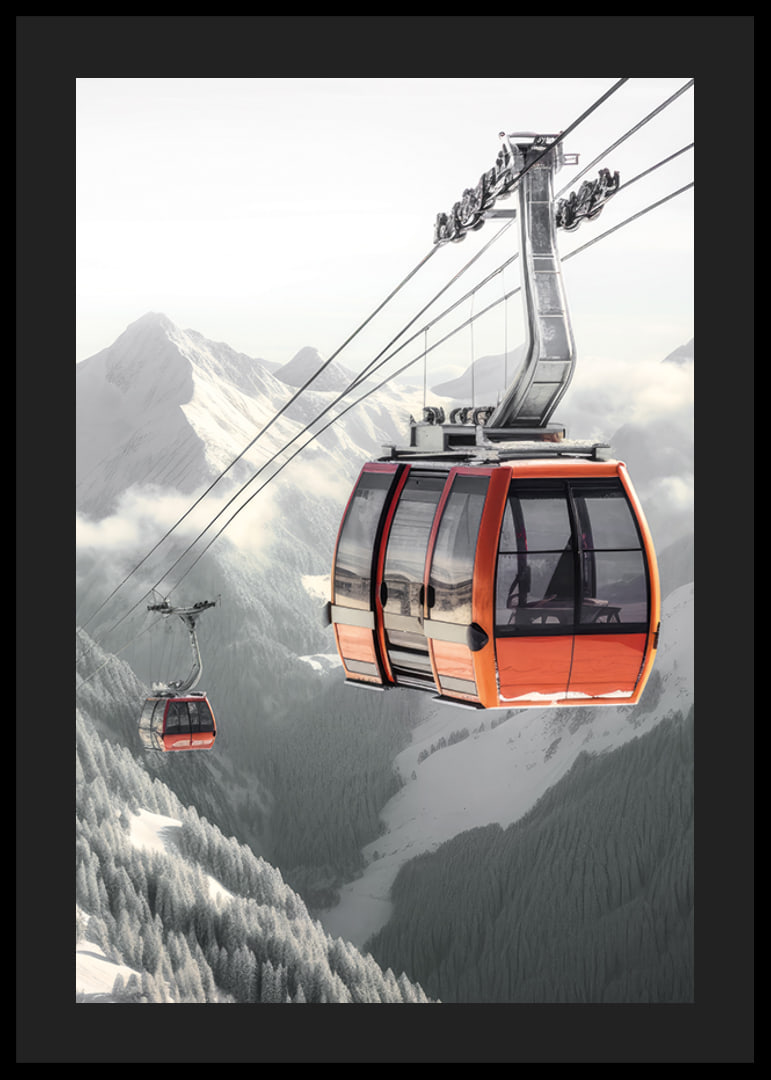 Photographic gondola lift over snow-capped alpine mountain peaks-12