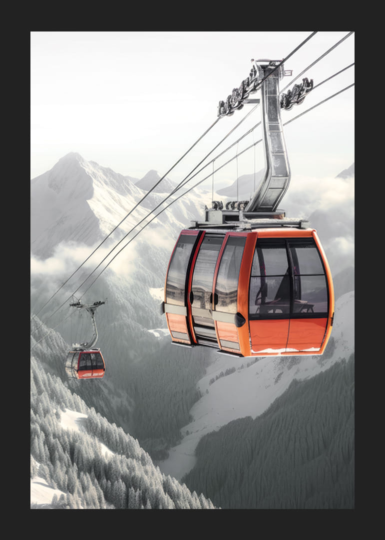 Photographic gondola lift over snow-capped alpine mountain peaks-12