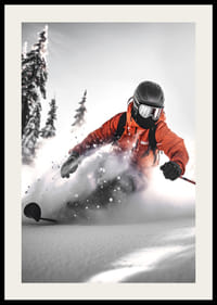 Skidåkare i orange jacka åker off-pist i djup snölandskap-2