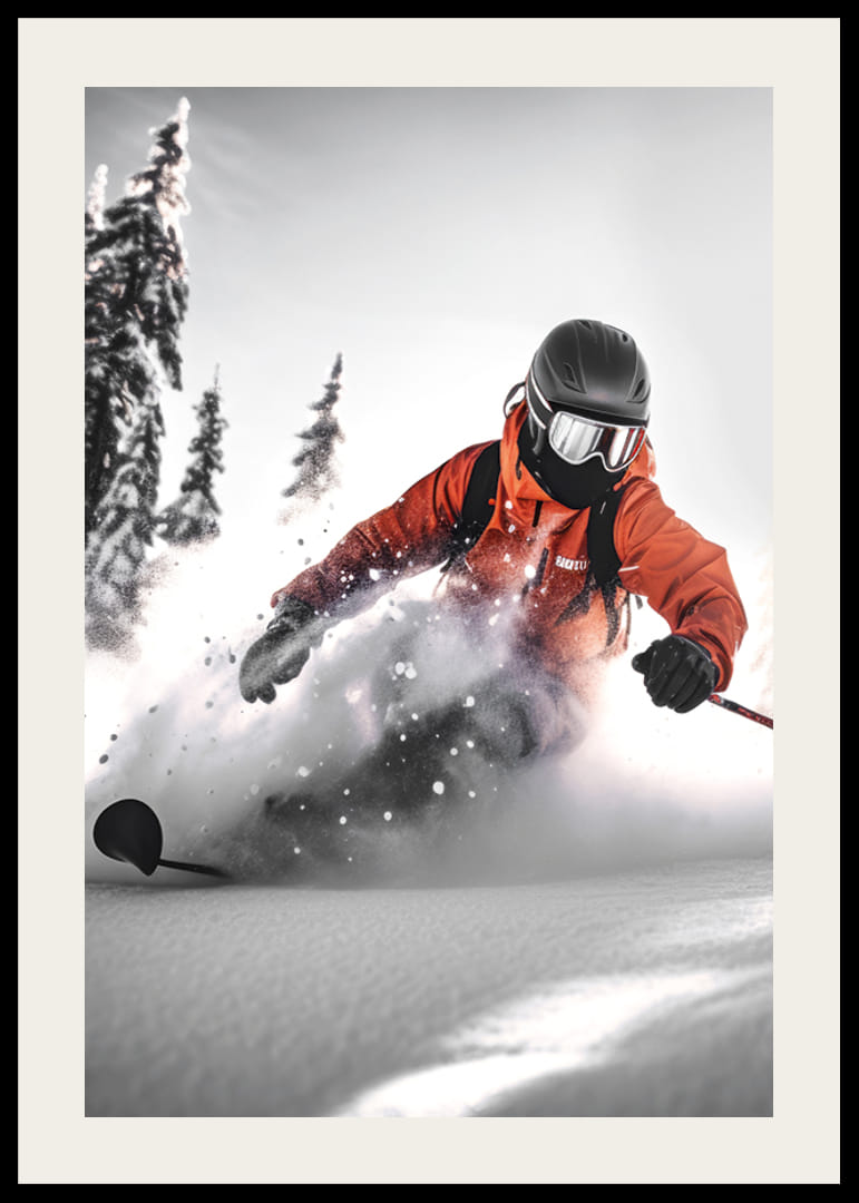 Skidåkare i orange jacka åker off-pist i djup snölandskap-12