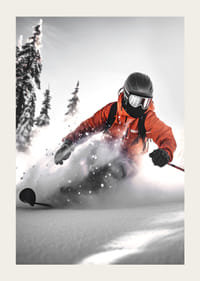 Skidåkare i orange jacka åker off-pist i djup snölandskap-3