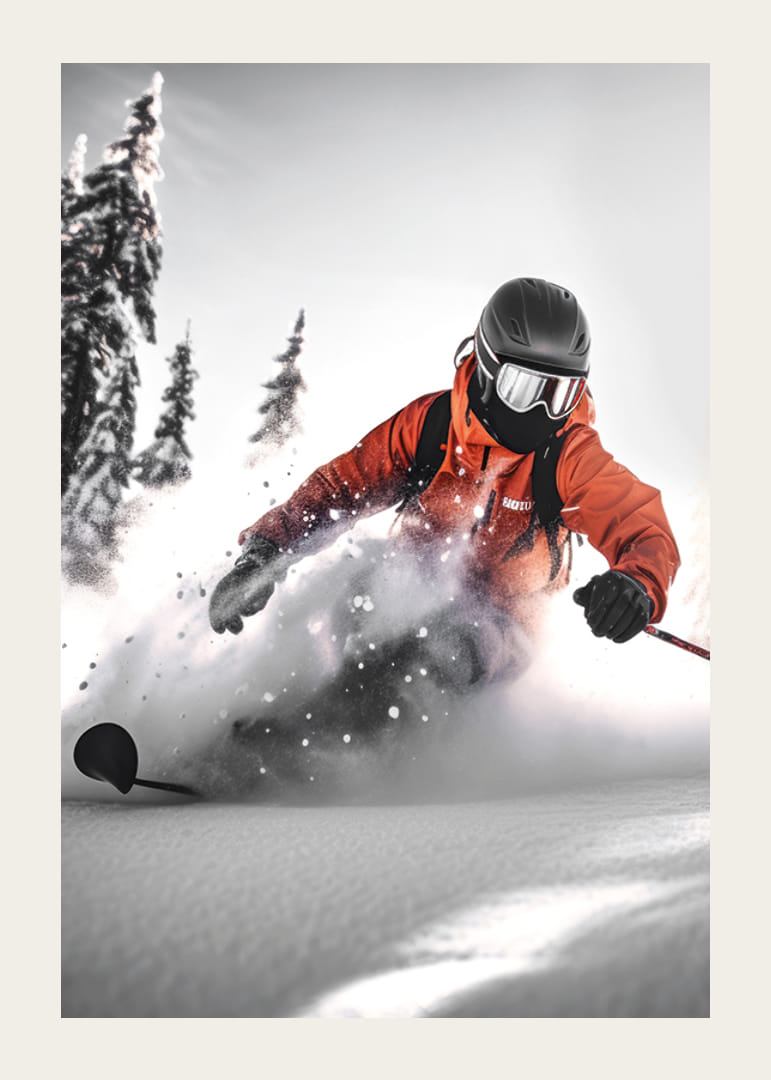 Skidåkare i orange jacka åker off-pist i djup snölandskap-12