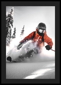 Skidåkare i orange jacka åker off-pist i djup snölandskap-4