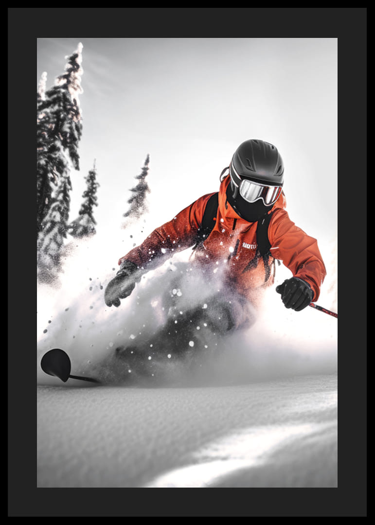 Skidåkare i orange jacka åker off-pist i djup snölandskap-12