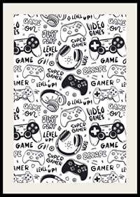 Black and white illustration with game controllers and headphones-2