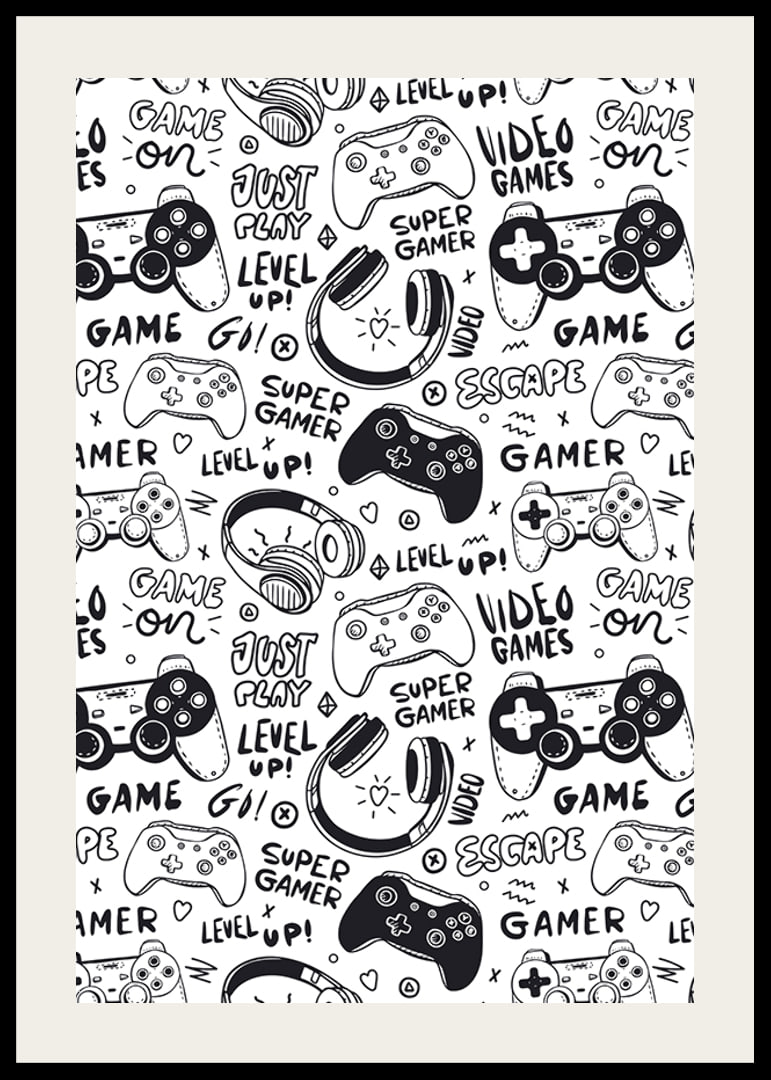Black and white illustration with game controllers and headphones-12