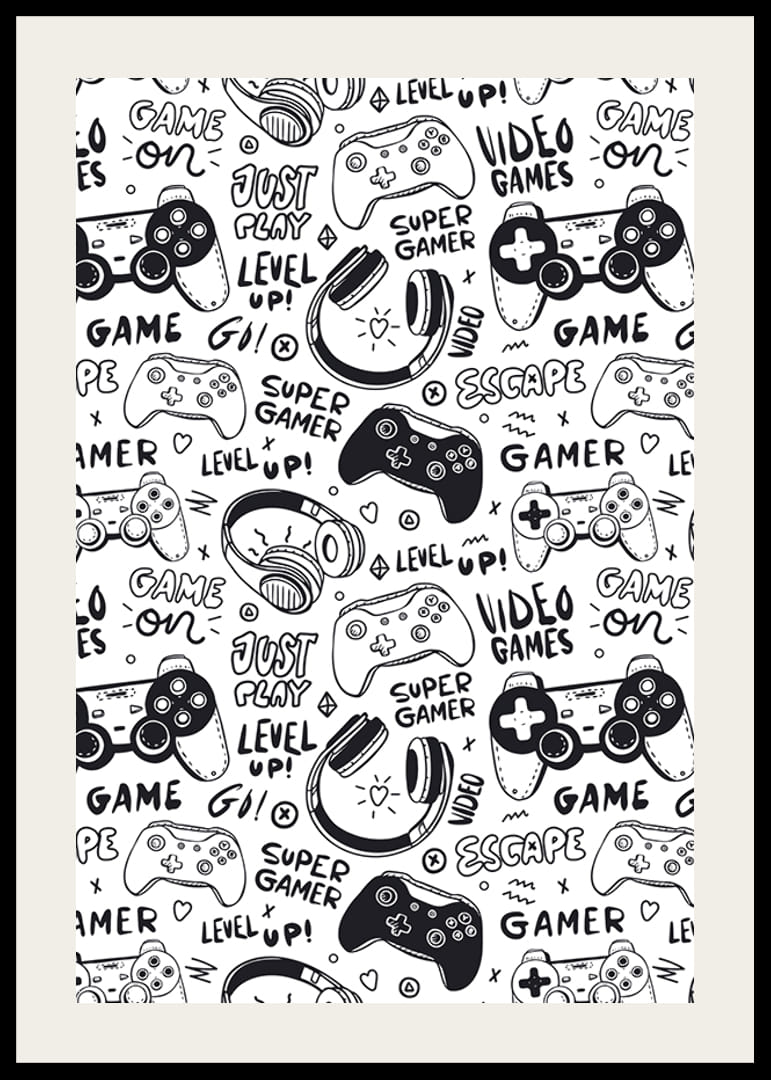 Ilustración en blanco y negro con controladores de juegos y auriculares.-12