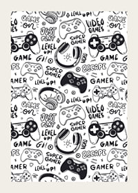 Black and white illustration with game controllers and headphones-3