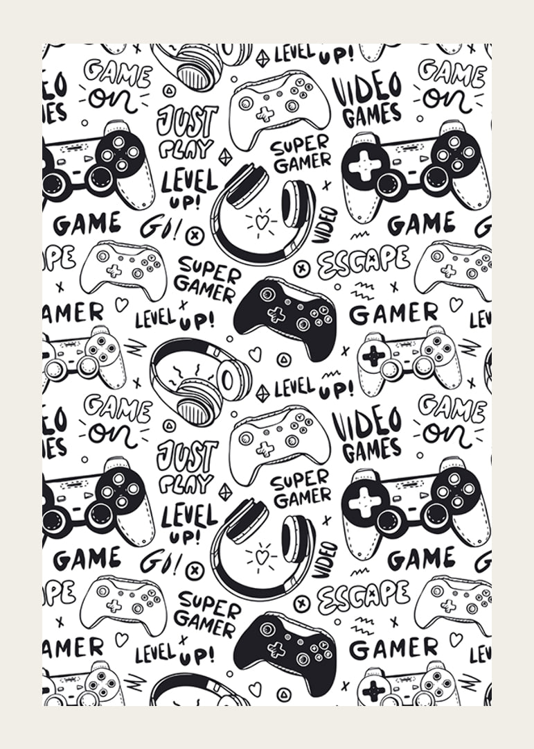 Black and white illustration with game controllers and headphones-12