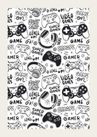 Ilustración en blanco y negro con controladores de juegos y auriculares.-3