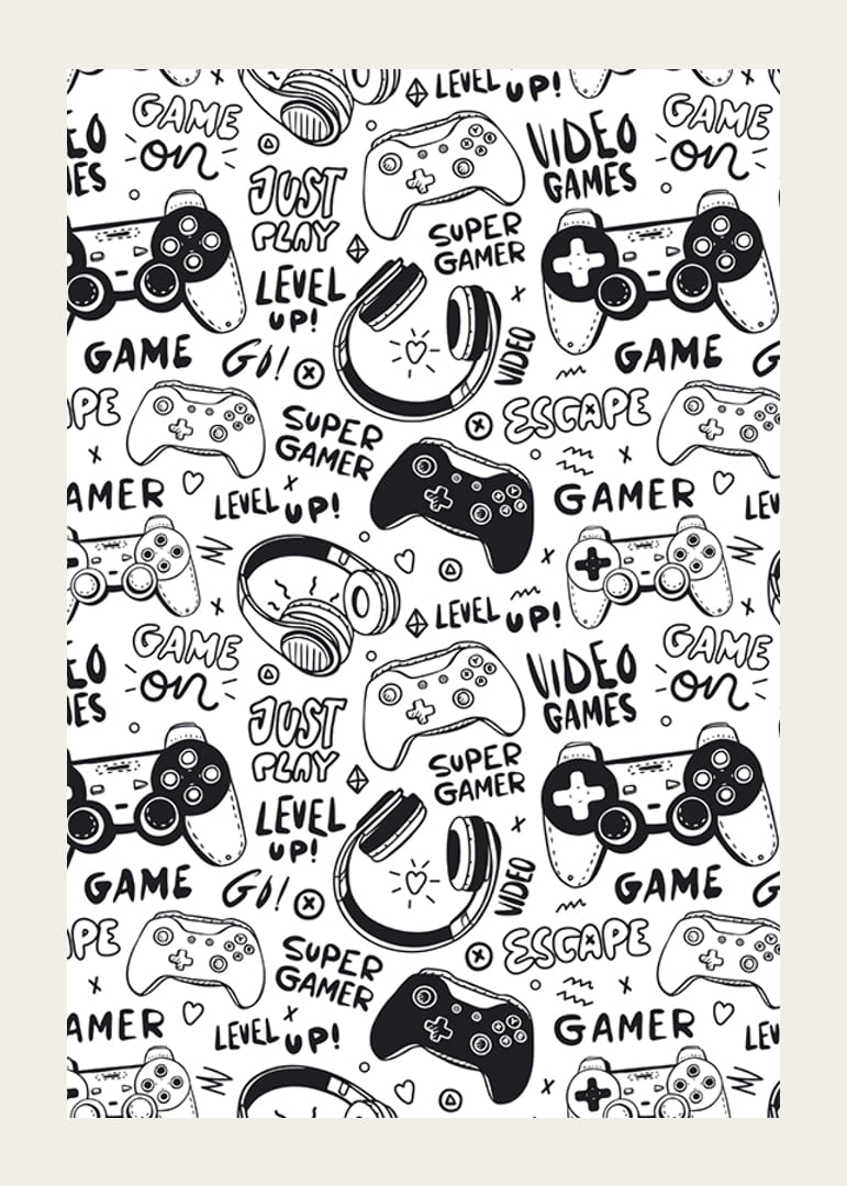 Ilustración en blanco y negro con controladores de juegos y auriculares.-12