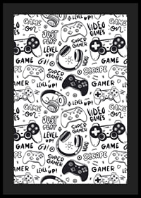 Black and white illustration with game controllers and headphones-4