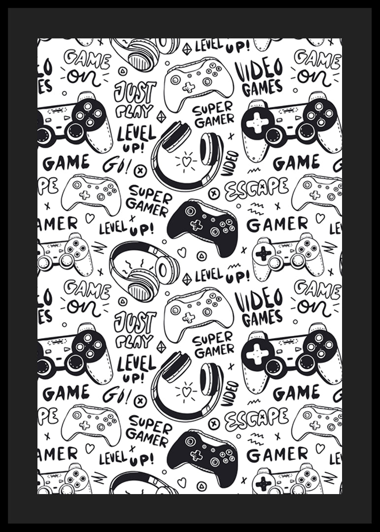 Black and white illustration with game controllers and headphones-12