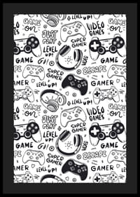 Ilustración en blanco y negro con controladores de juegos y auriculares.-4