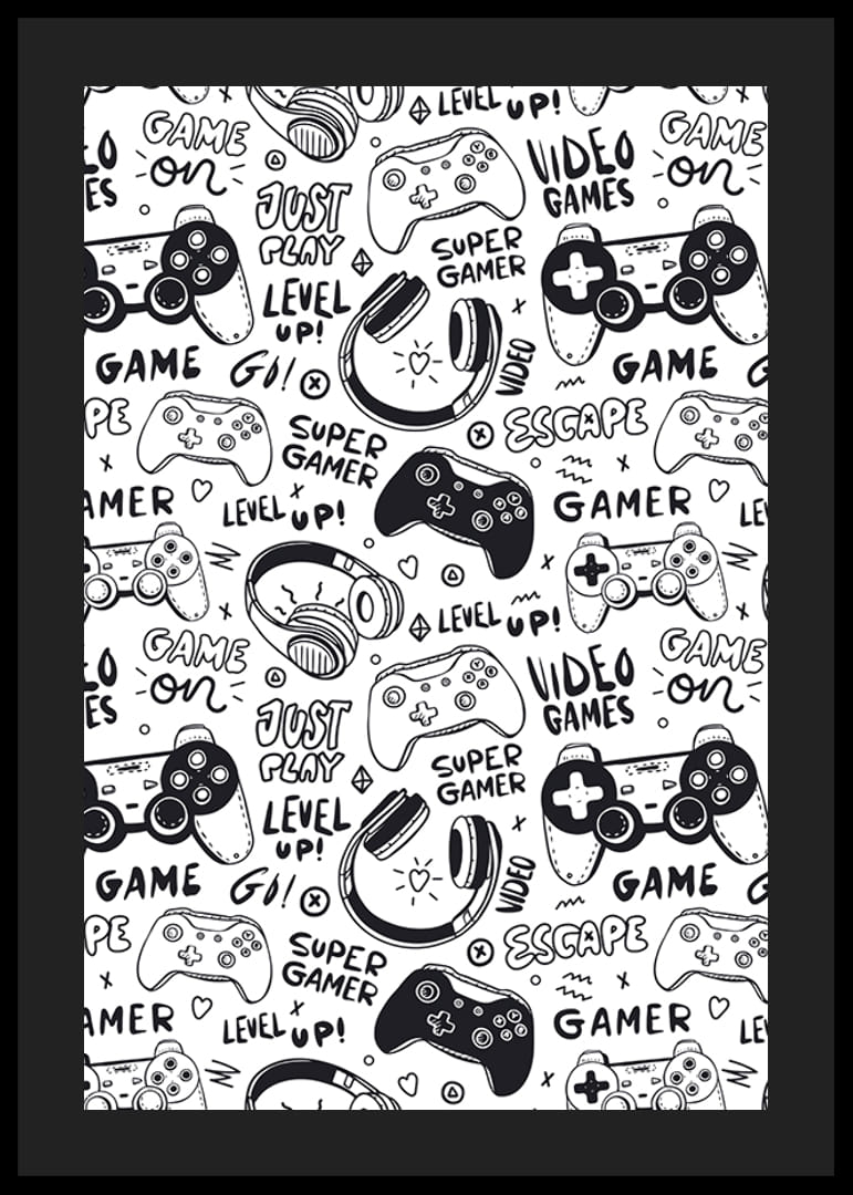 Ilustración en blanco y negro con controladores de juegos y auriculares.-12