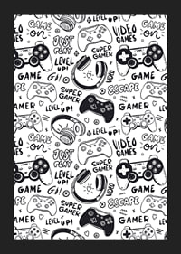 Black and white illustration with game controllers and headphones-5