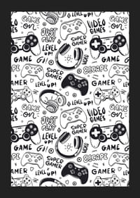 Ilustración en blanco y negro con controladores de juegos y auriculares.-5