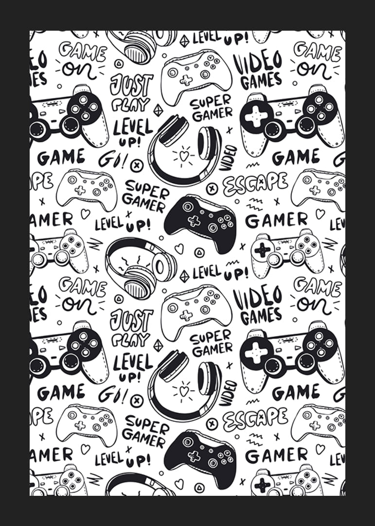 Ilustración en blanco y negro con controladores de juegos y auriculares.-12