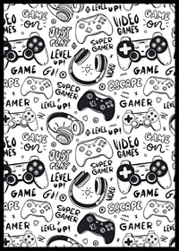 Black and white illustration with game controllers and headphones-6