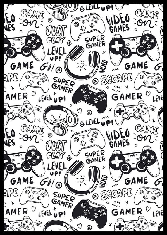 Black and white illustration with game controllers and headphones-12