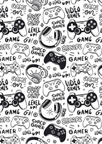 Black and white illustration with game controllers and headphones-7