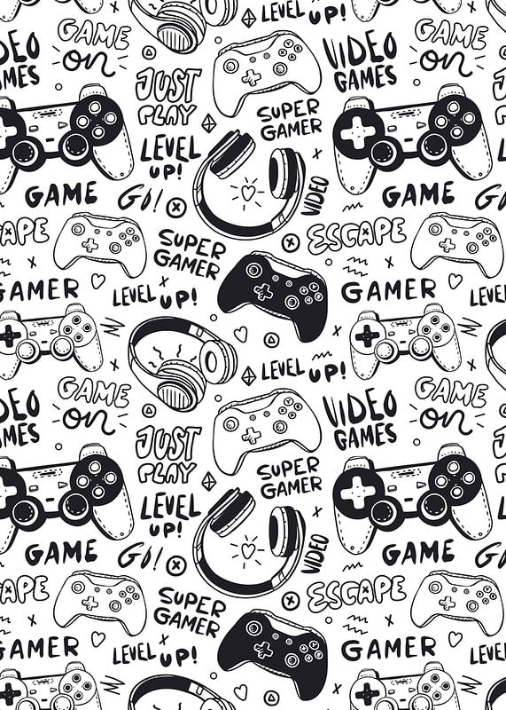 Black and white illustration with game controllers and headphones-12