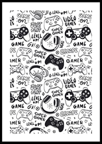 Black and white illustration with game controllers and headphones-0