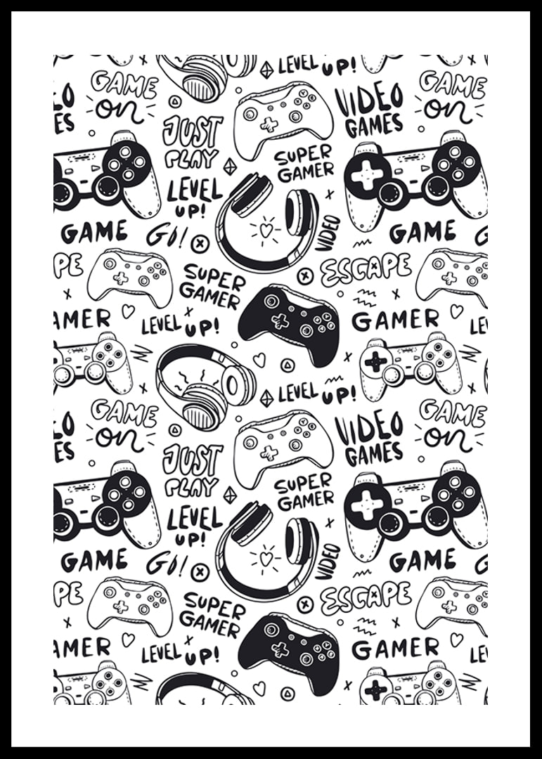 Black and white illustration with game controllers and headphones-12
