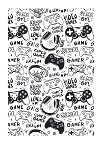 Black and white illustration with game controllers and headphones-1
