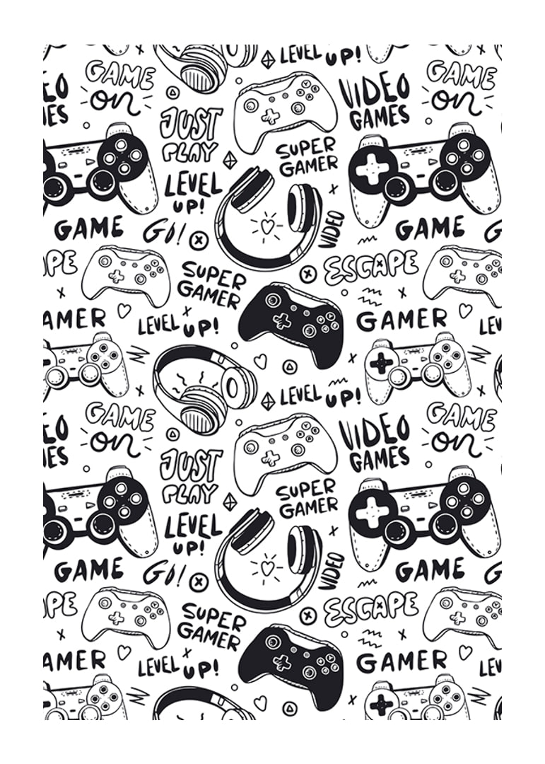 Black and white illustration with game controllers and headphones-12