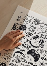 Black and white illustration with game controllers and headphones-9