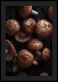 Photographic close-up of brown mushrooms with water drops-0
