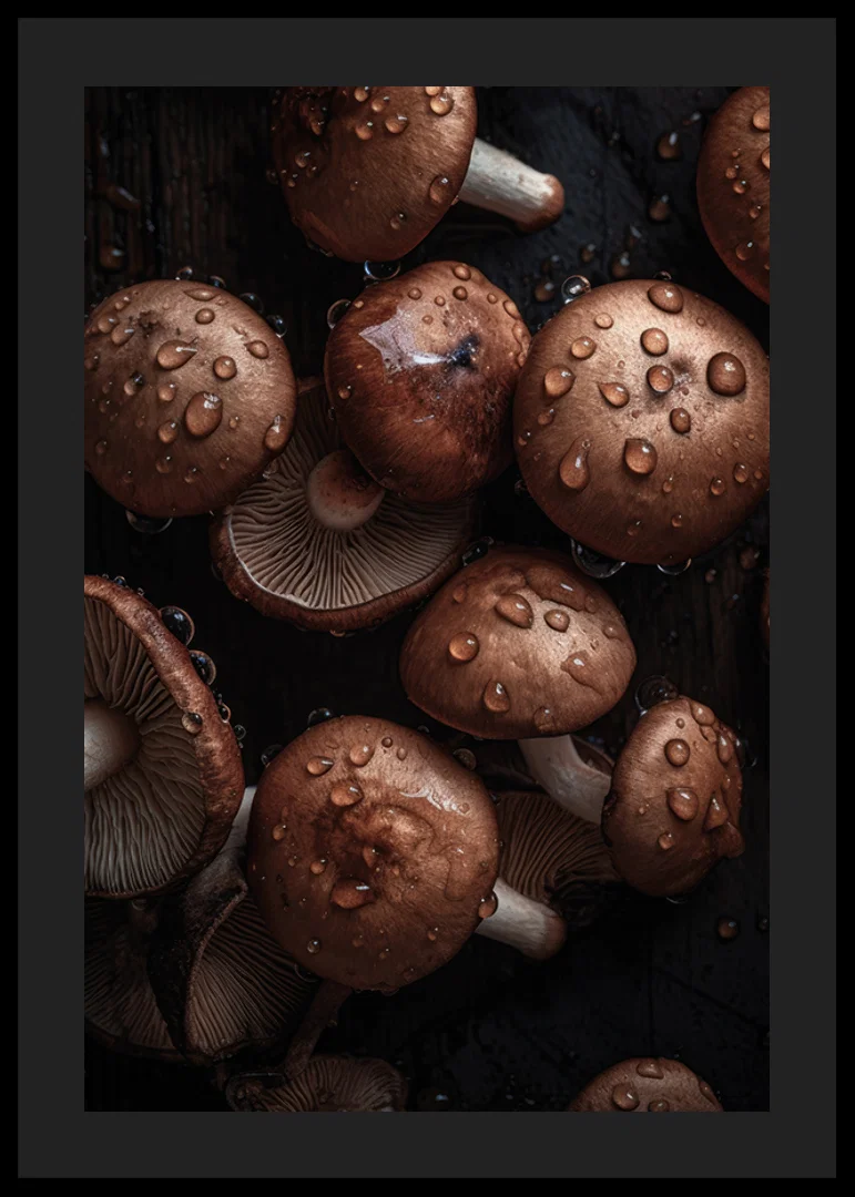 Photographic close-up of brown mushrooms with water drops-12