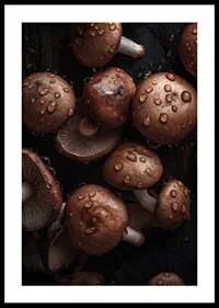 Photographic close-up of brown mushrooms with water drops-2