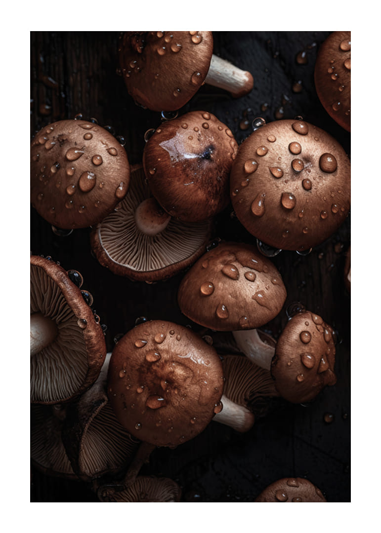 Barna gombákról készült közeli felvétel vízcseppekkel-12