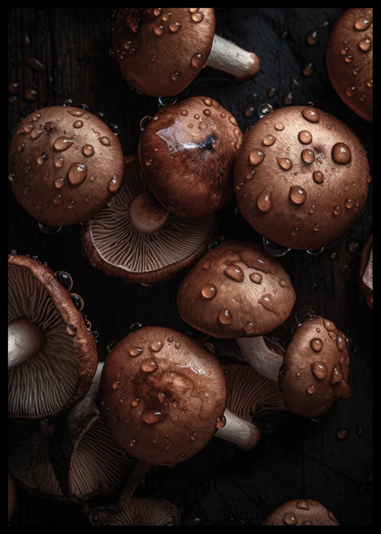Photographic close-up of brown mushrooms with water drops-12