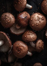 Photographic close-up of brown mushrooms with water drops-7